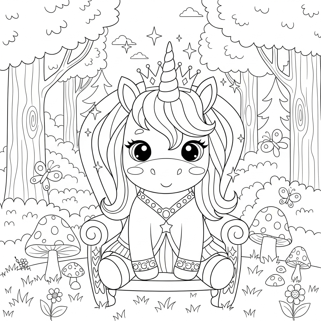 Desenho de unicórnio para colorir vestido de rainha no trono na floresta.