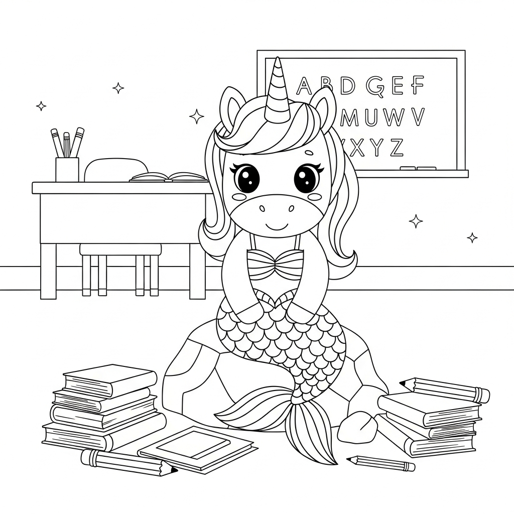 Desenho de unicórnio para colorir vestido de sereia sentado em rocha na sala de aula com lousa