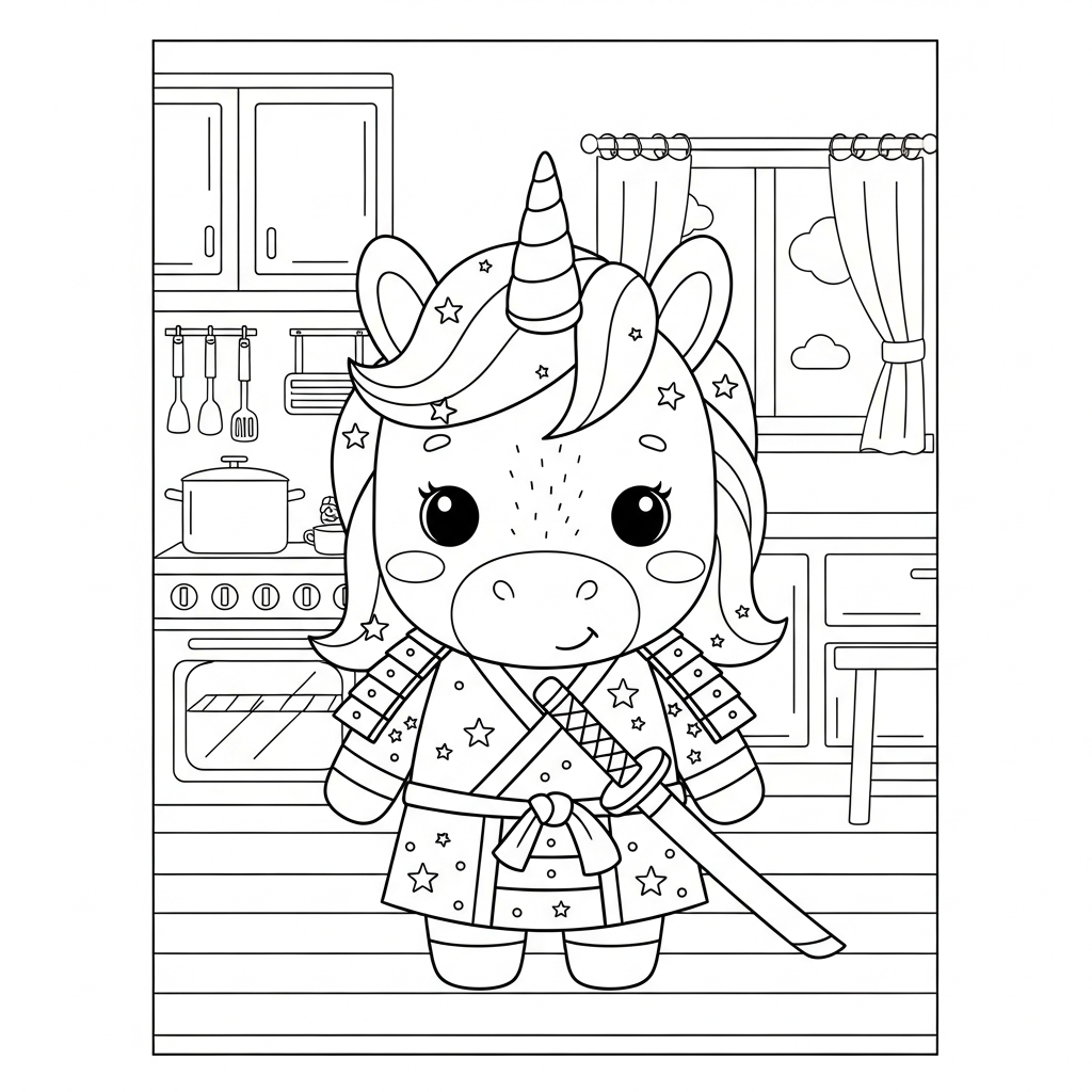 Desenho de unicórnio para colorir vestido de samurai com katana na cozinha.