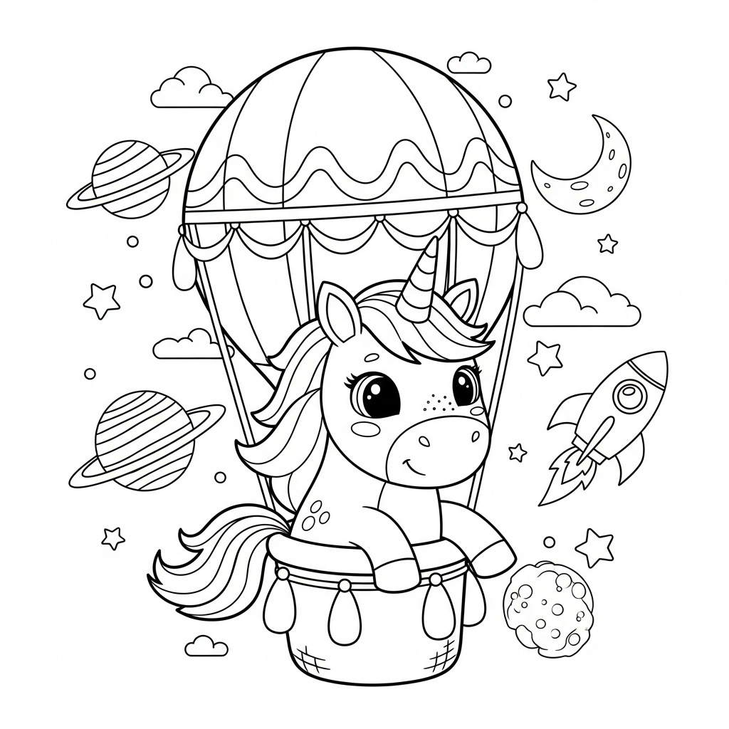 Desenho de unicórnio para colorir passeando de balão no espaço com planetas e foguete