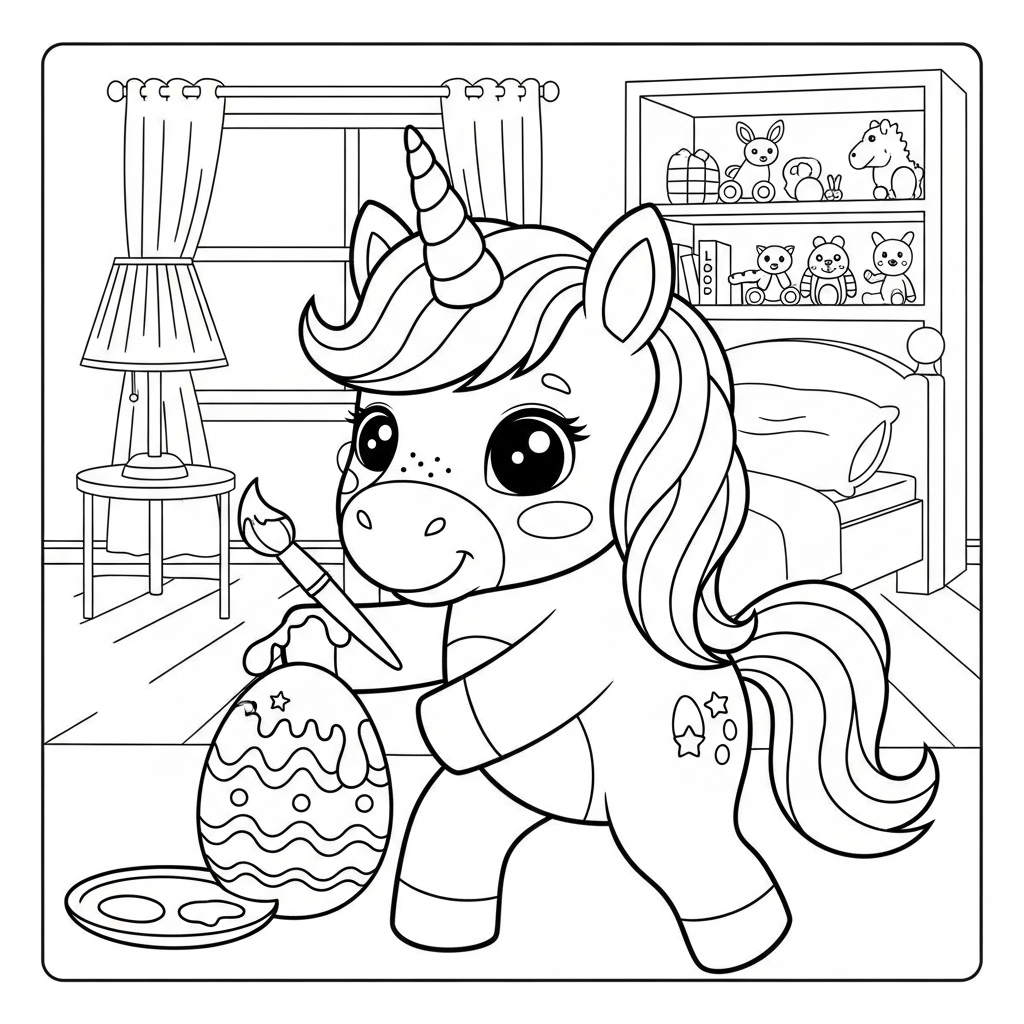Desenho de unicornio para colorir pintando ovo de páscoa no quarto com brinquedos