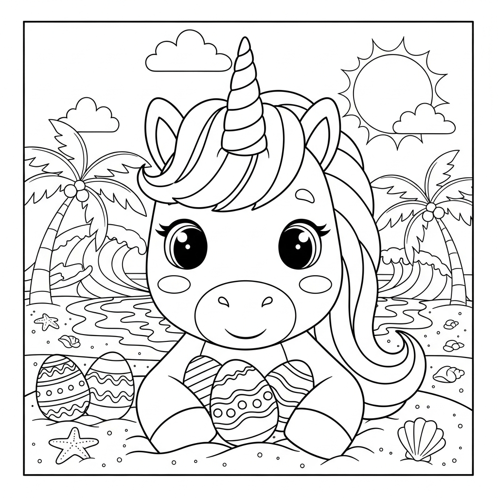 Desenho de unicórnio para colorir caçando ovos de Páscoa em praia com palmeiras
