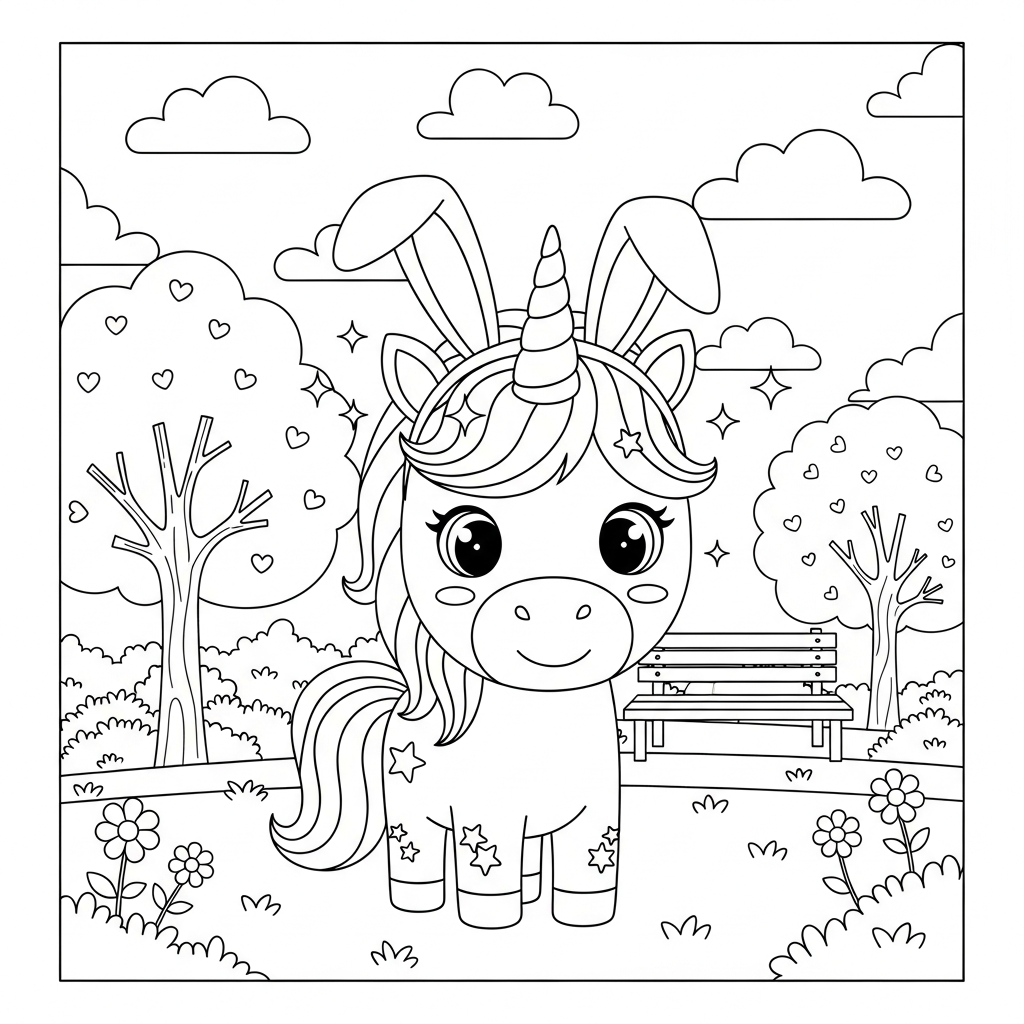Desenho de unicórnio para colorir disfarçado de coelho em parque ensolarado com árvores