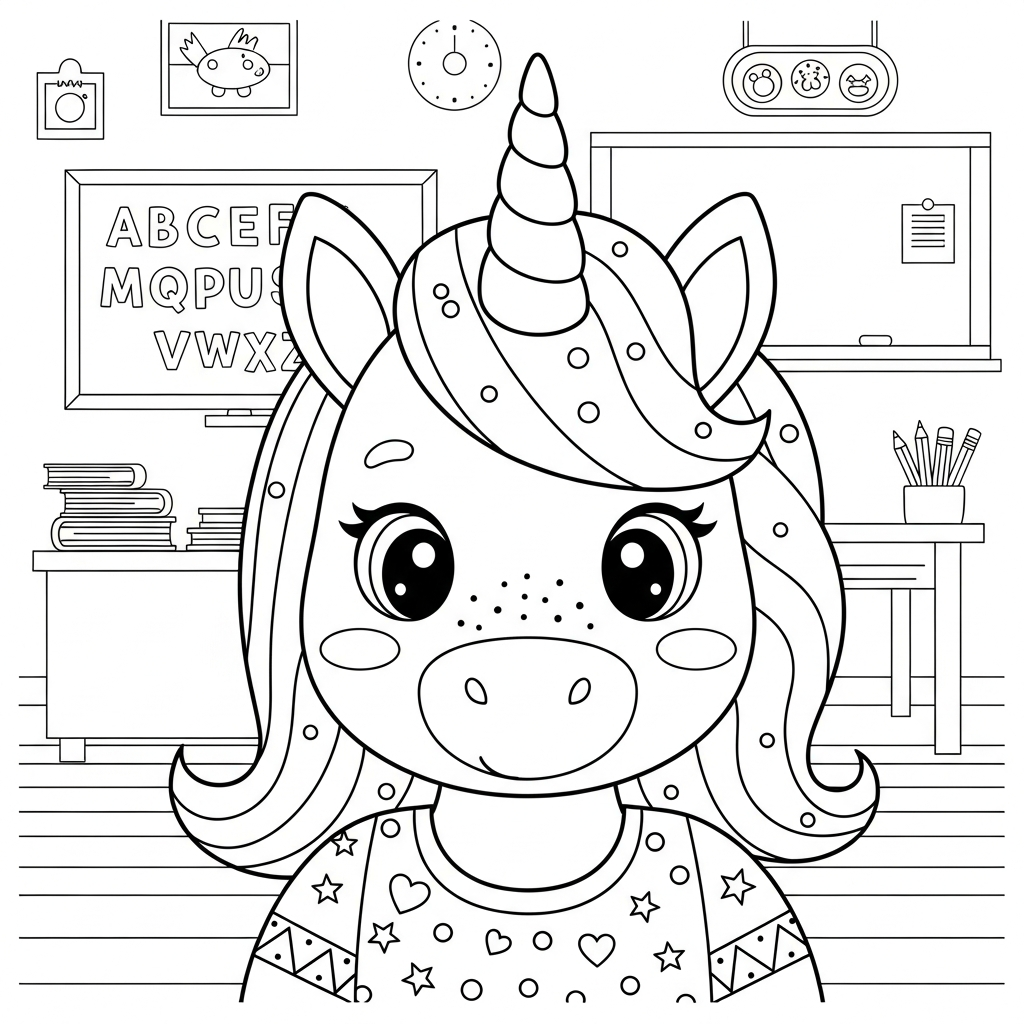Desenho de unicornio para colorir fazendo cartão de dia dos pais na sala de aula com lousa