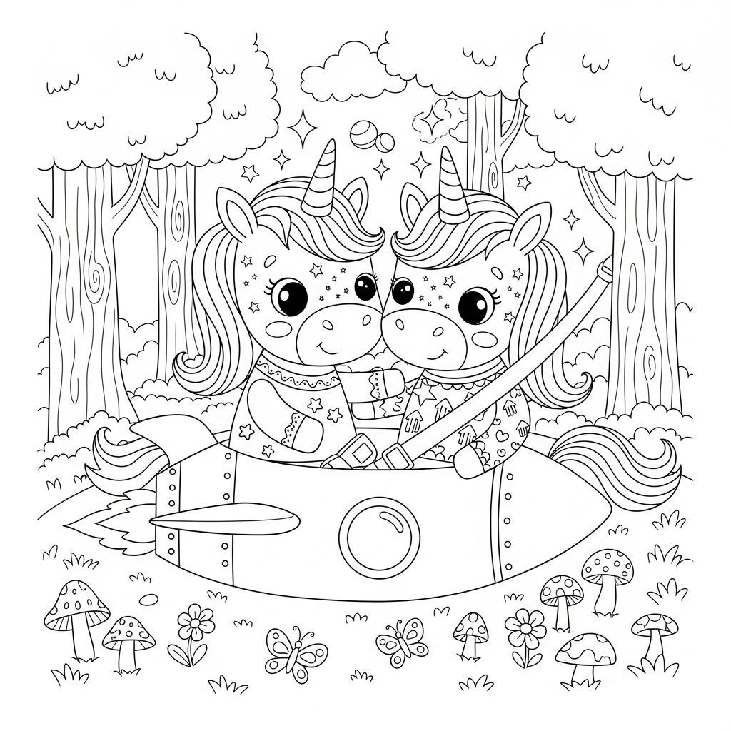 Desenho de unicornio para colorir dentro de foguete com cinto na floresta