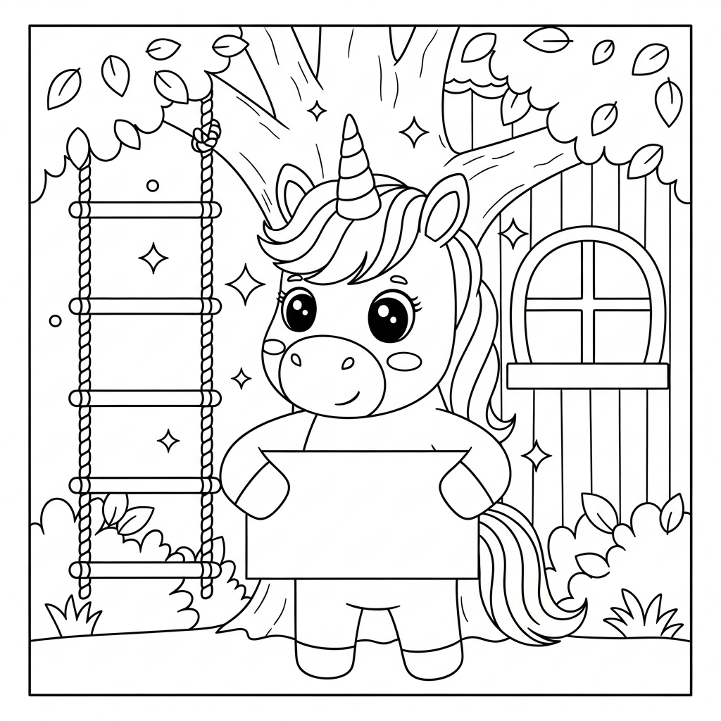 Desenho de unicórnio para colorir segurando placa em branco na casa na árvore