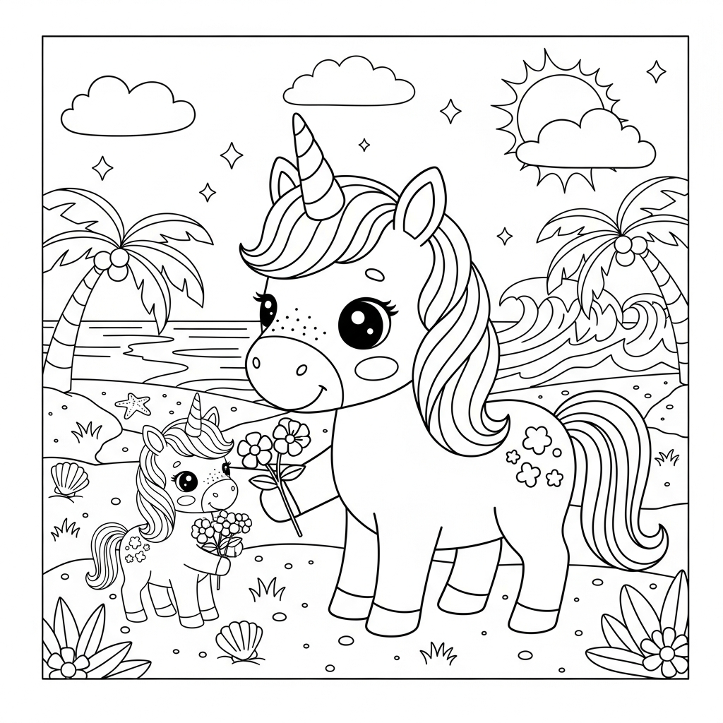Desenho de unicornio para colorir colhendo flores no campo em praia com palmeiras