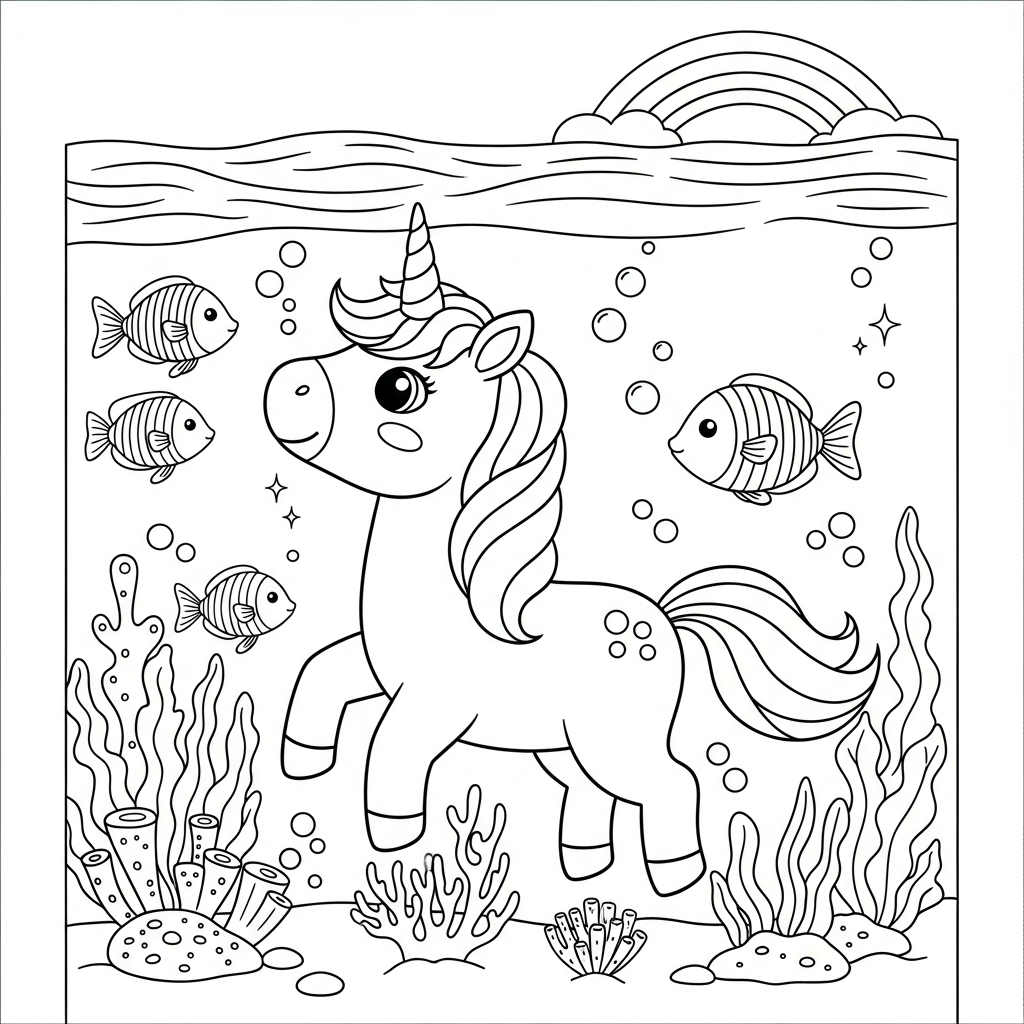 Desenho de unicórnio para colorir admirando arco-íris no céu submarino com peixes e corais