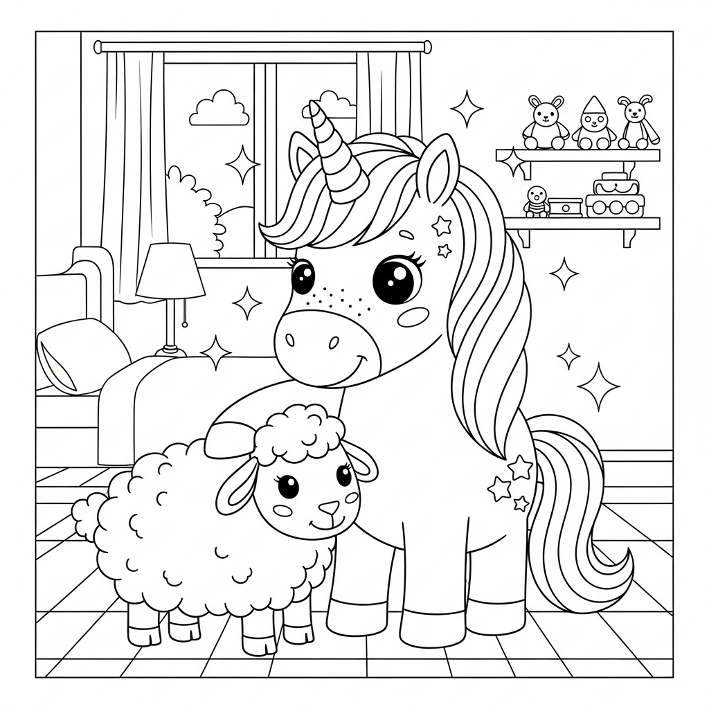 Desenho de unicórnio para colorir acariciando ovelha lanuda no quarto com cama e brinquedos