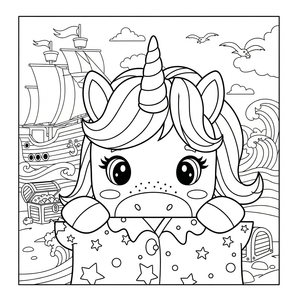 Desenho de unicórnio para colorir escondido atrás das mãos em navio pirata