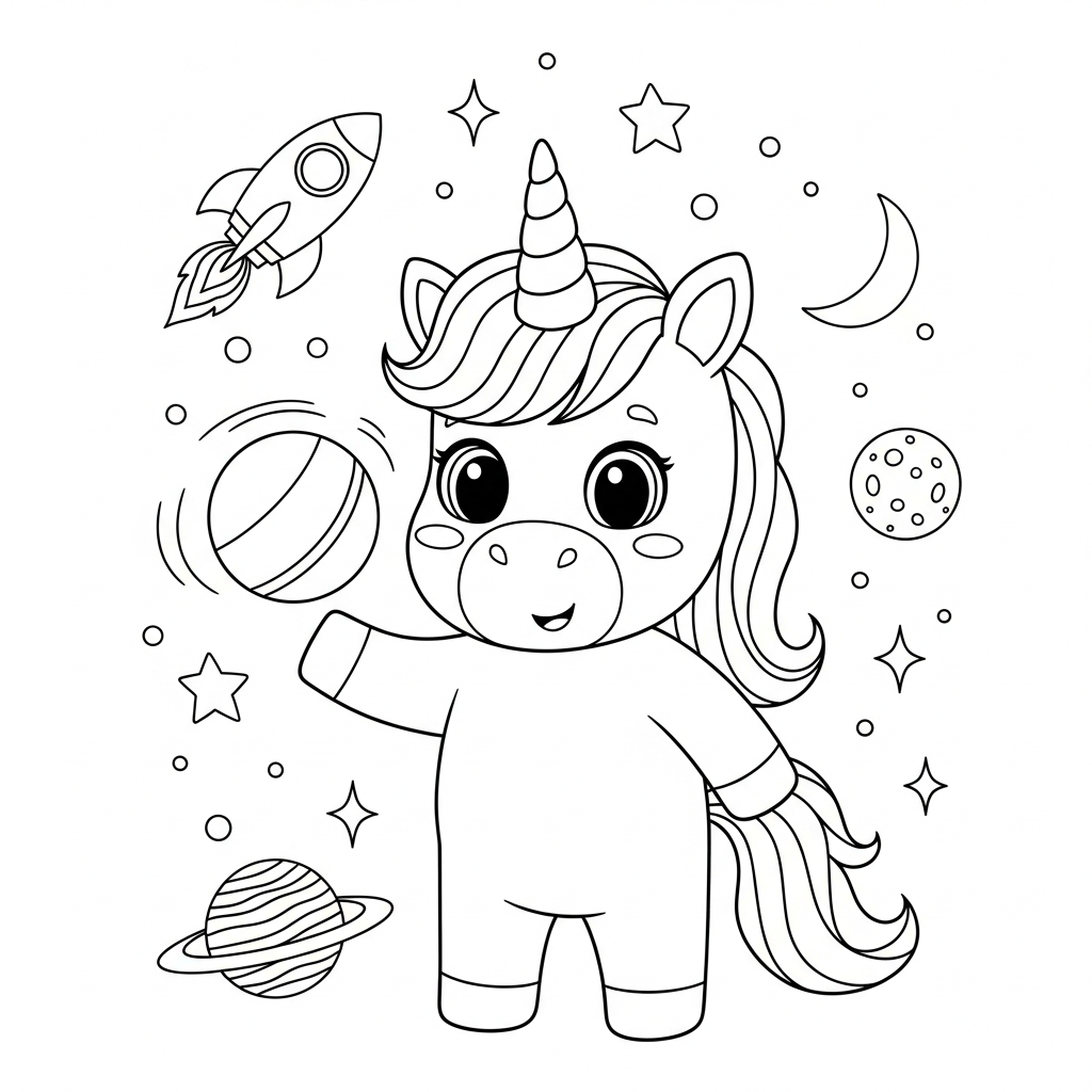 Desenho de unicórnio para colorir girando uma bola no espaço com planetas e foguete