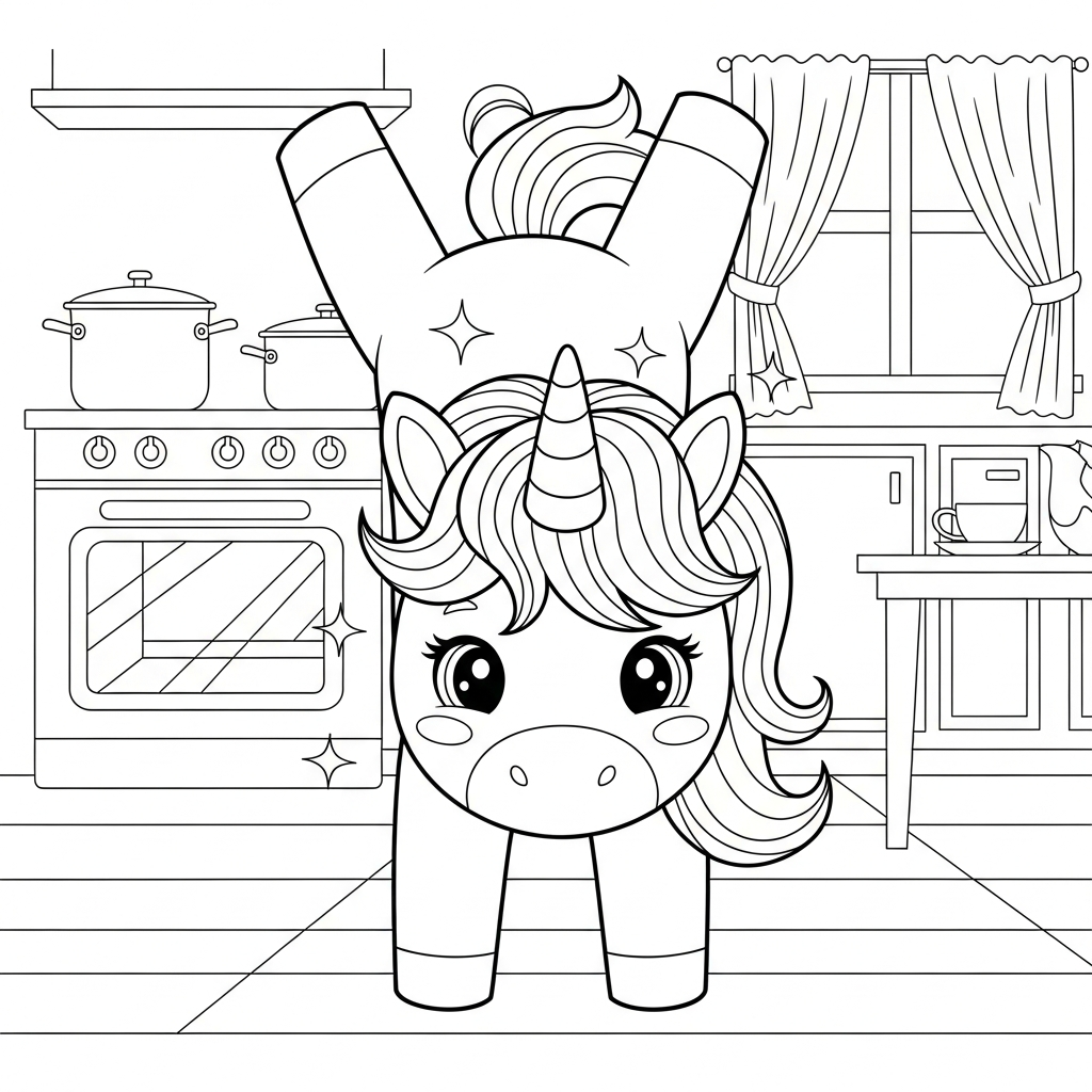 Desenho de unicórnio para colorir plantando bananeira na cozinha com forno e panelas