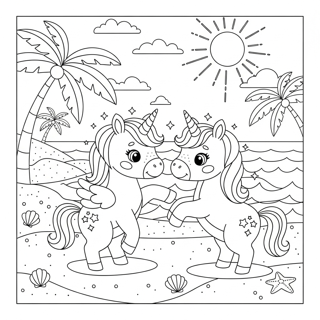 Desenho de unicórnio para colorir dando uma piruetazinha na praia com palmeiras