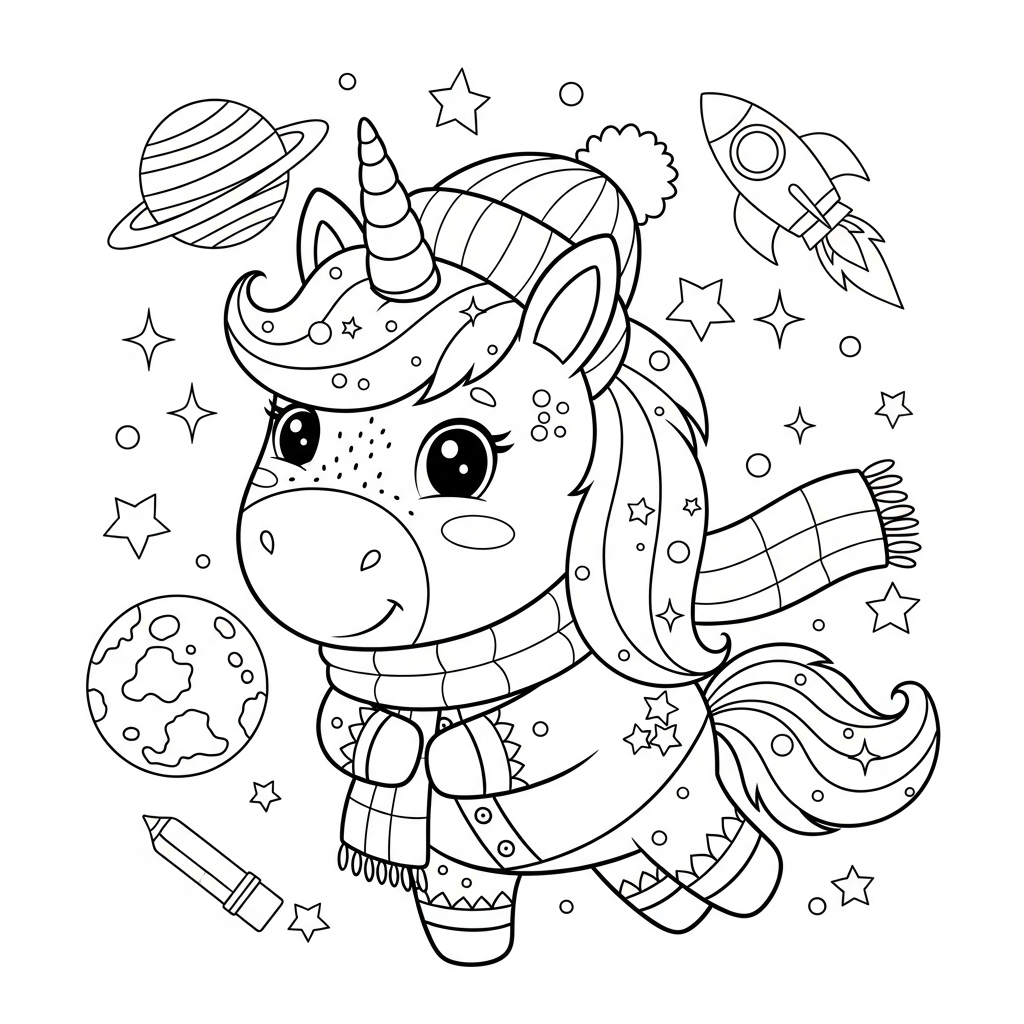 Desenho de unicórnio para colorir agasalhado com cachecol e gorro no espaço.