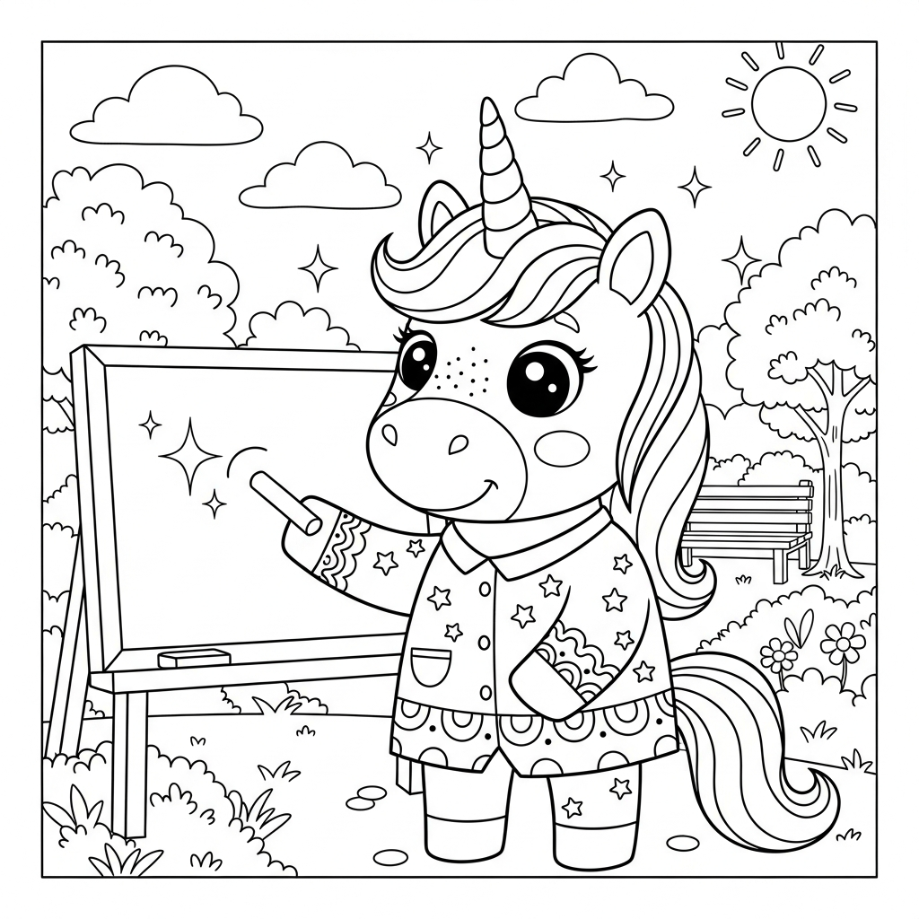 Desenho de unicórnio para colorir escrevendo no quadro-negro em parque ensolarado com árvores