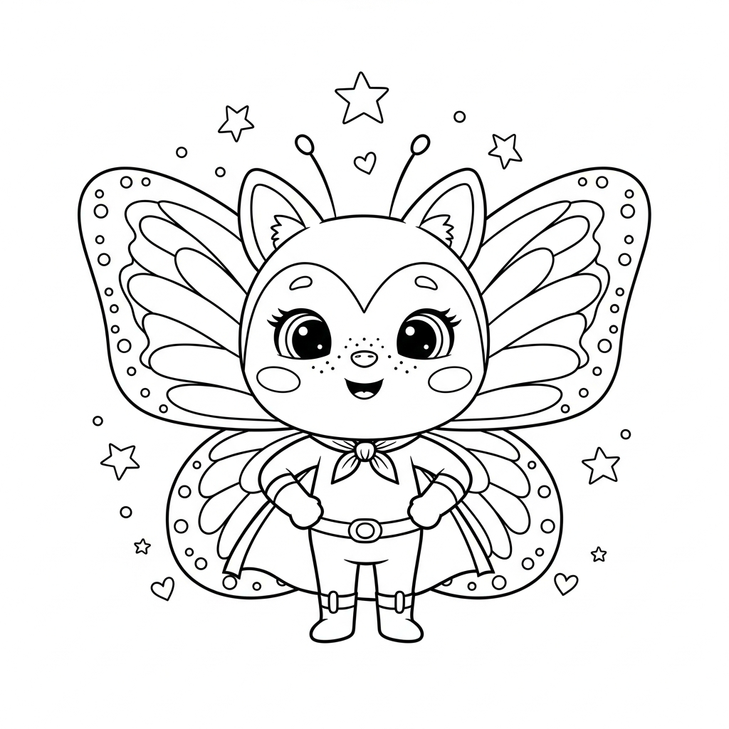 Desenho de borboleta para colorir usando capa de super-herói, mãos na cintura, com estrelinhas e corações.