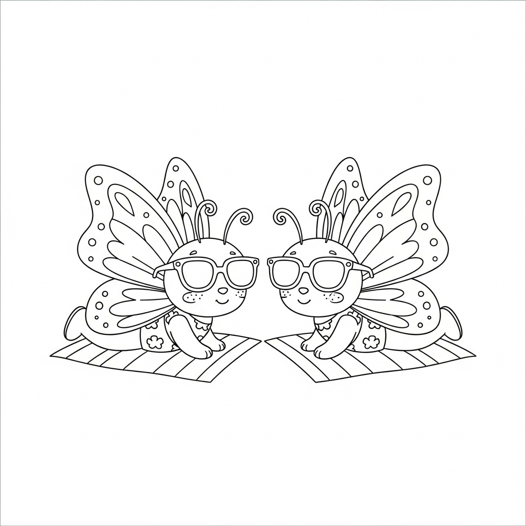 Desenho de borboleta para colorir usando óculos de sol na praia