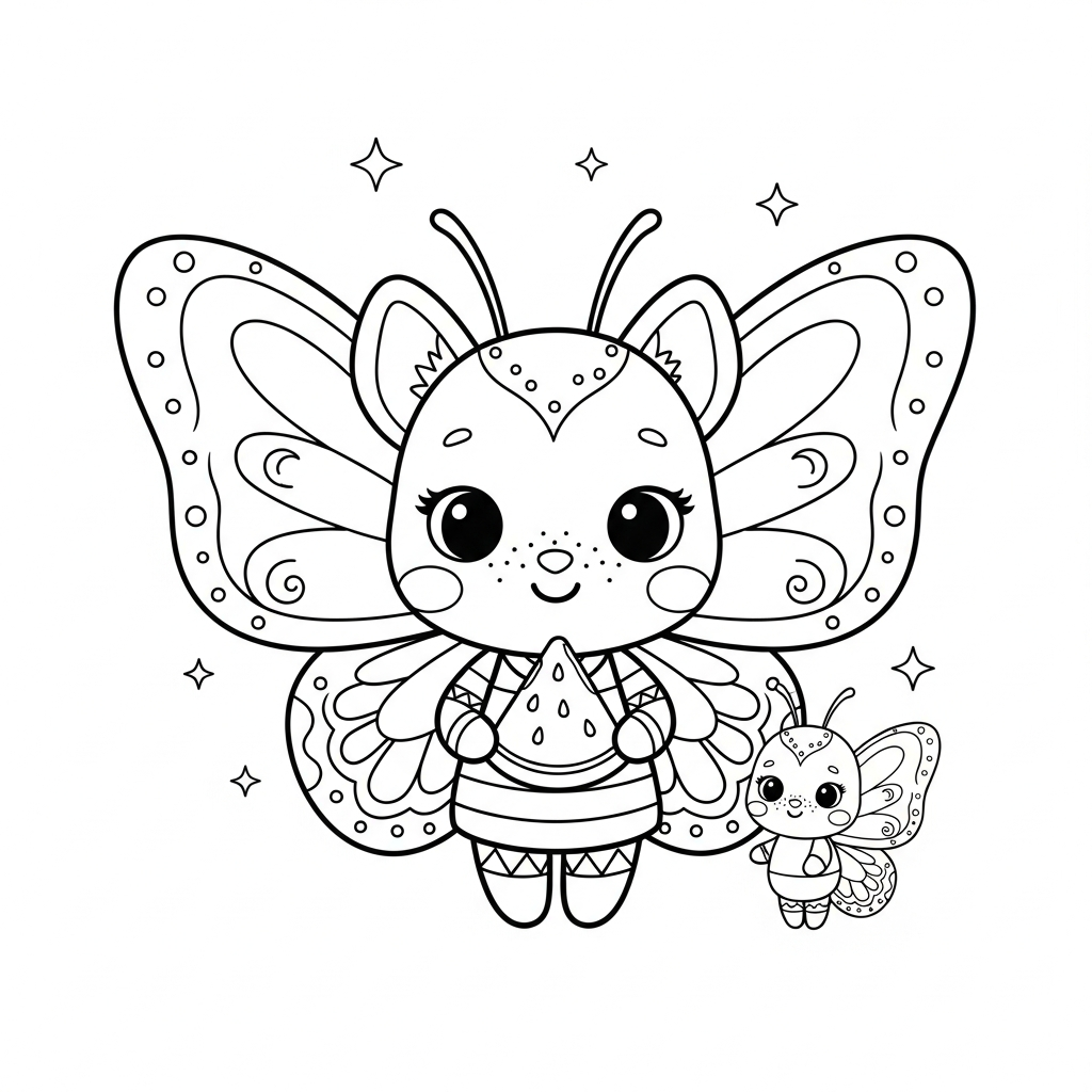 Desenho de borboleta para colorir segurando uma fatia de melancia