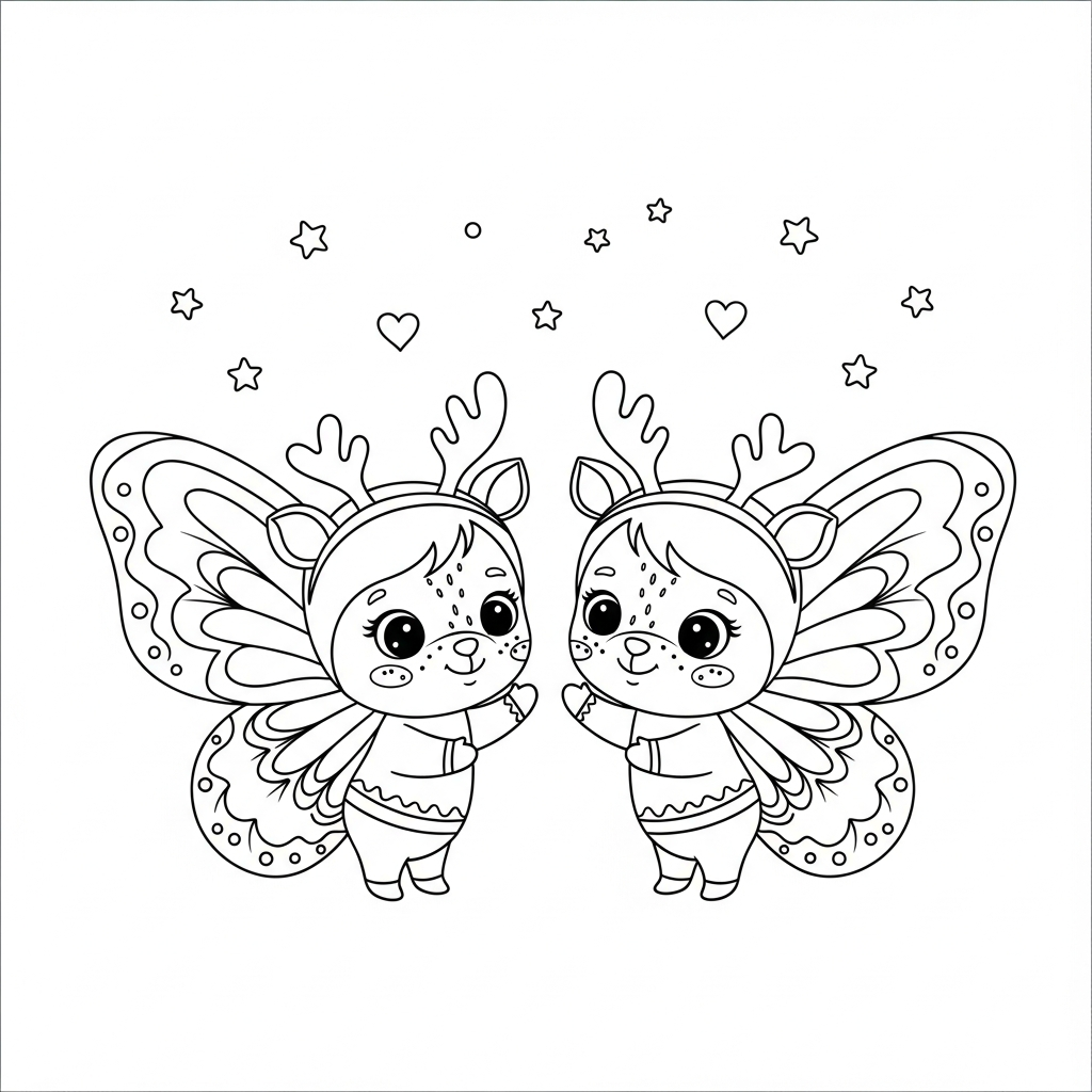 Desenho de borboleta para colorir usando chifres de rena, com estrelinhas e corações.