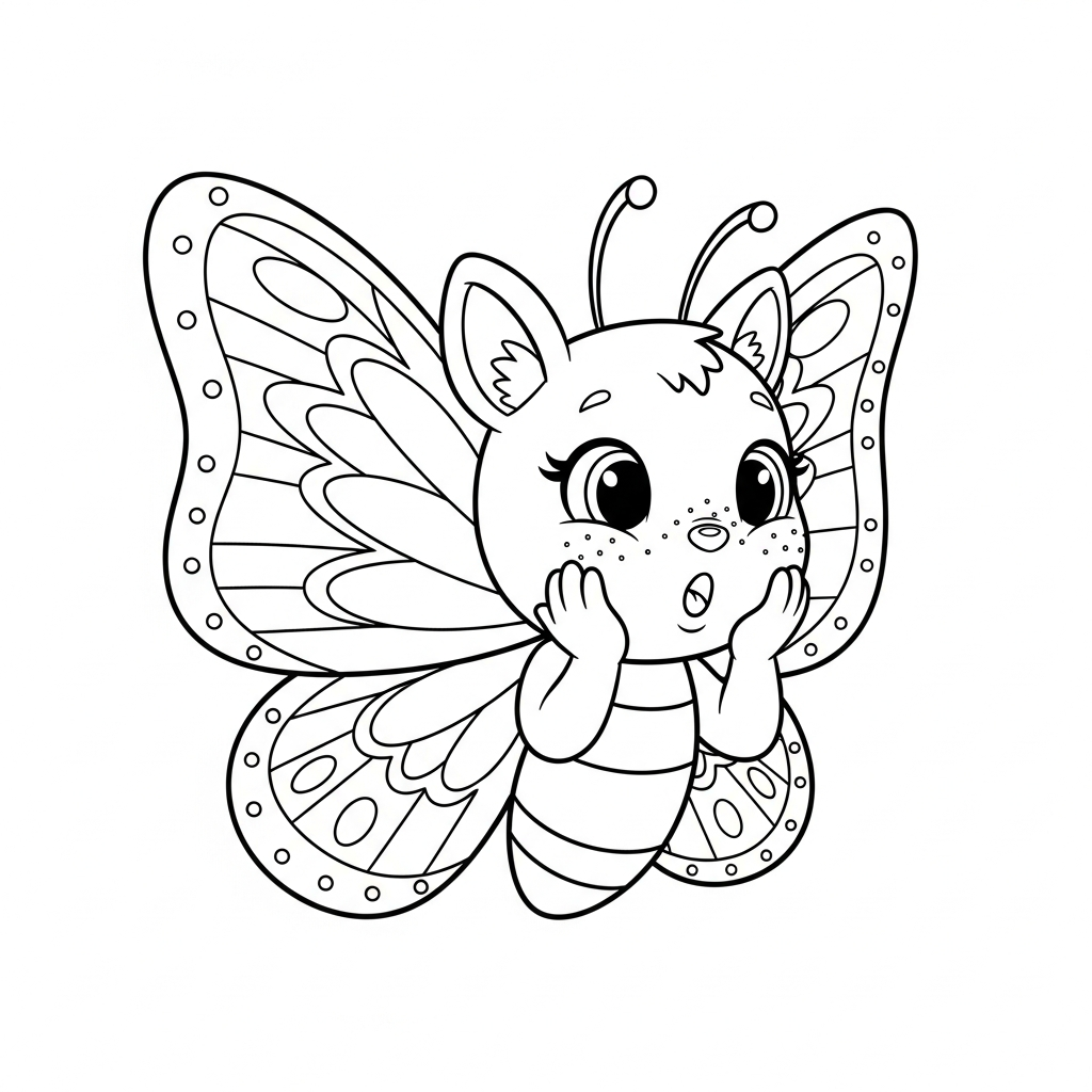 Desenho de borboleta para colorir surpreso com mãos no rosto
