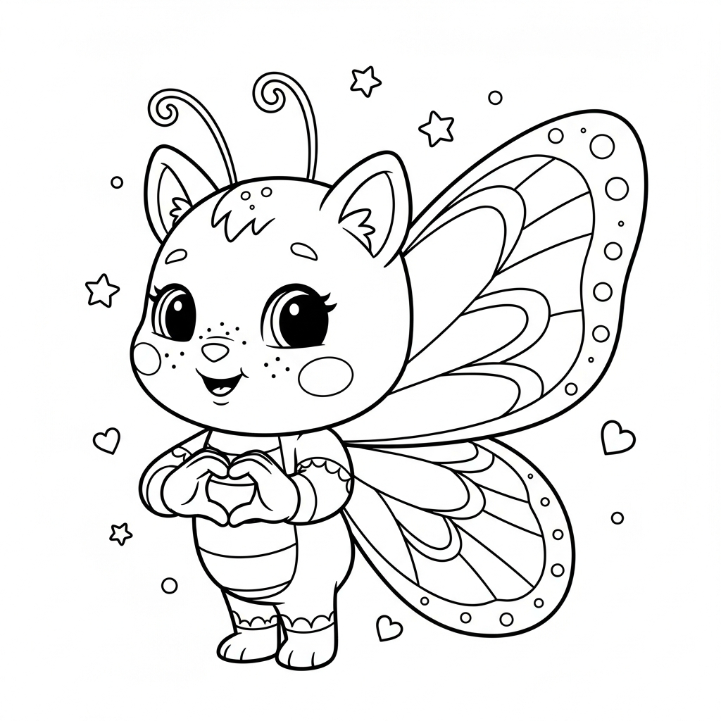 Desenho de borboleta para colorir fazendo coração com as mãos, entre estrelinhas e corações.