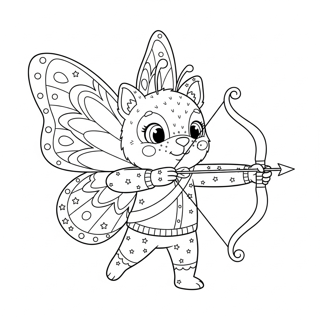 Desenho de borboleta para colorir praticando arco e flecha mirando com concentração