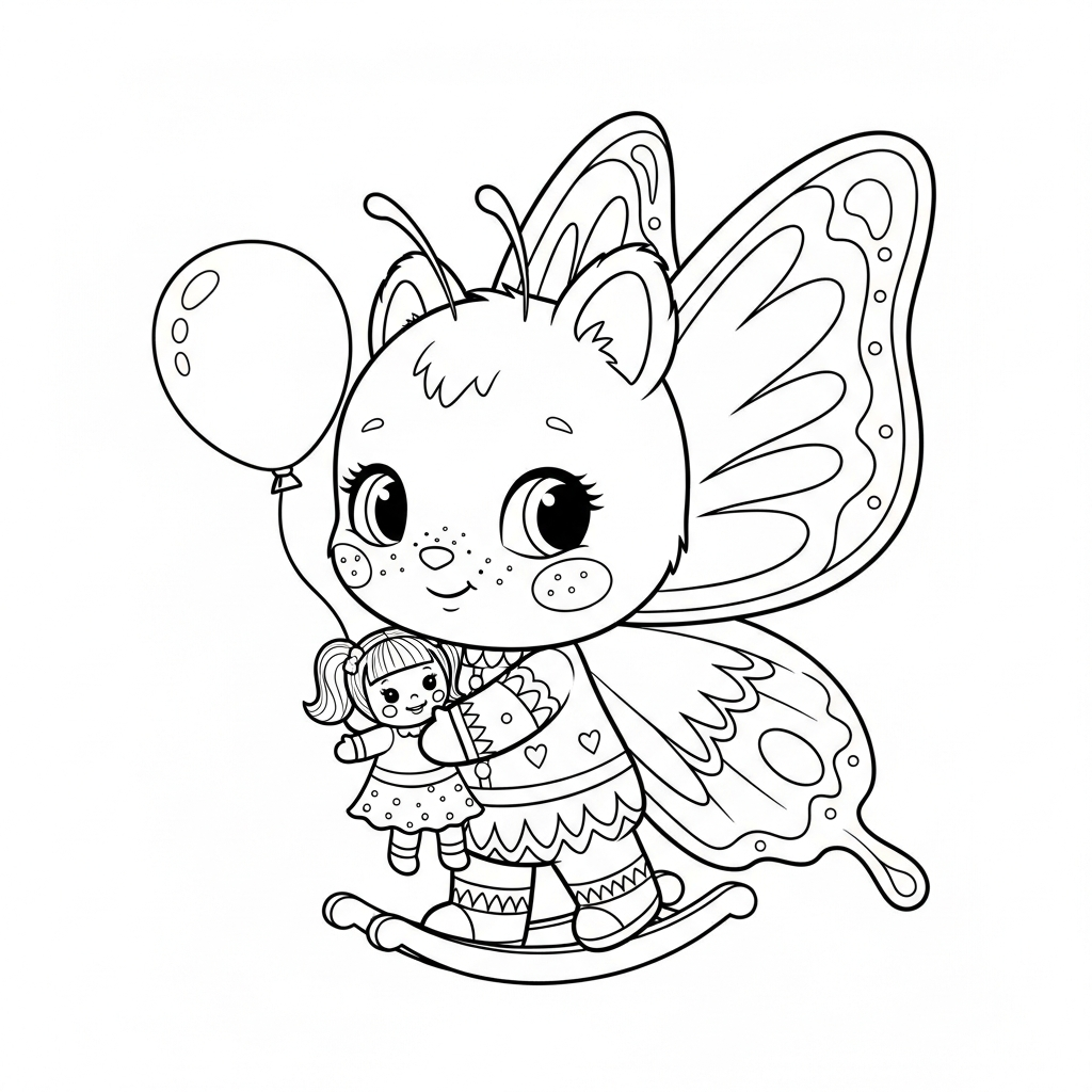 Desenho de borboleta para colorir brincando com boneca embalando ao lado de flor.
