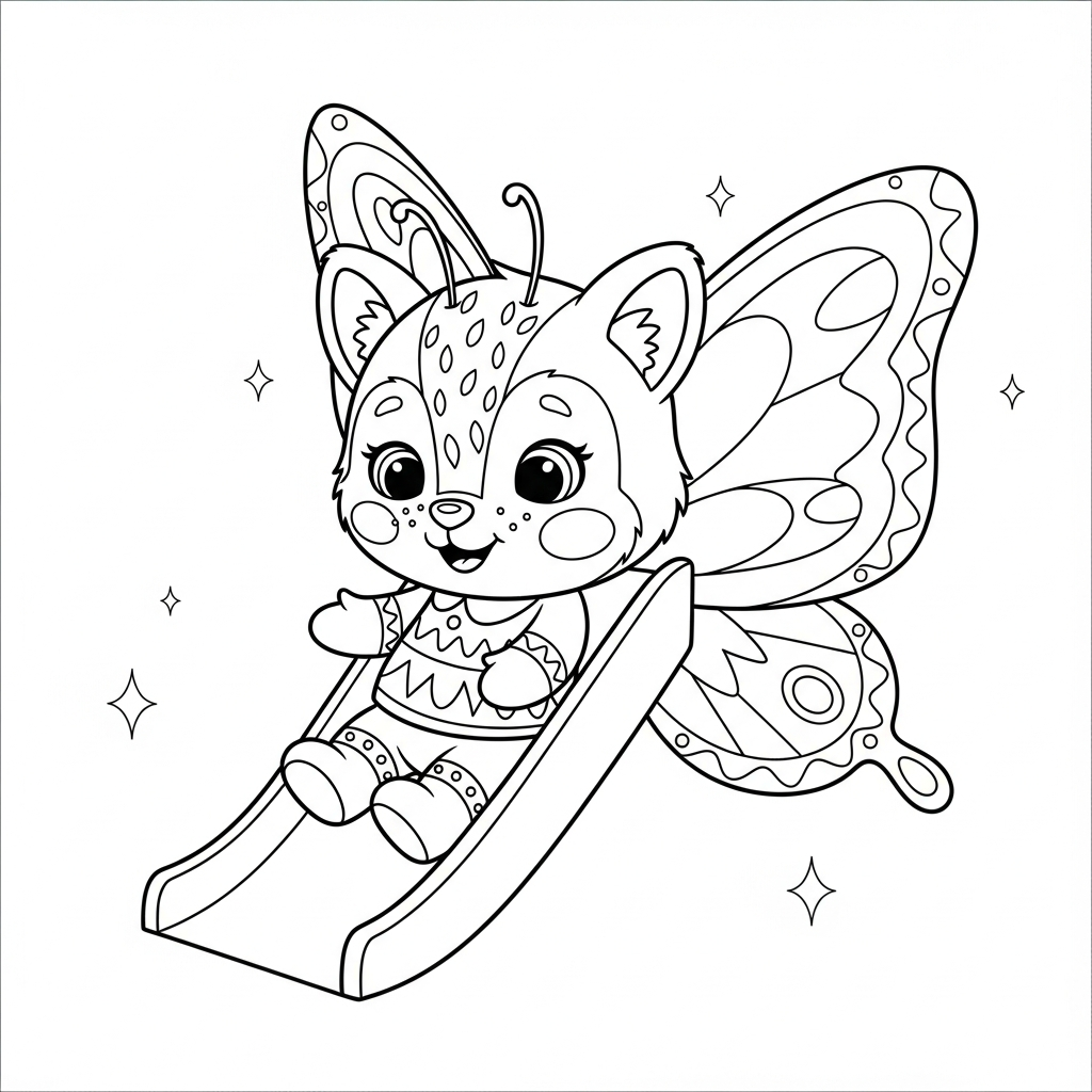 Desenho de borboleta para colorir escorregando alegremente em um escorregador.
