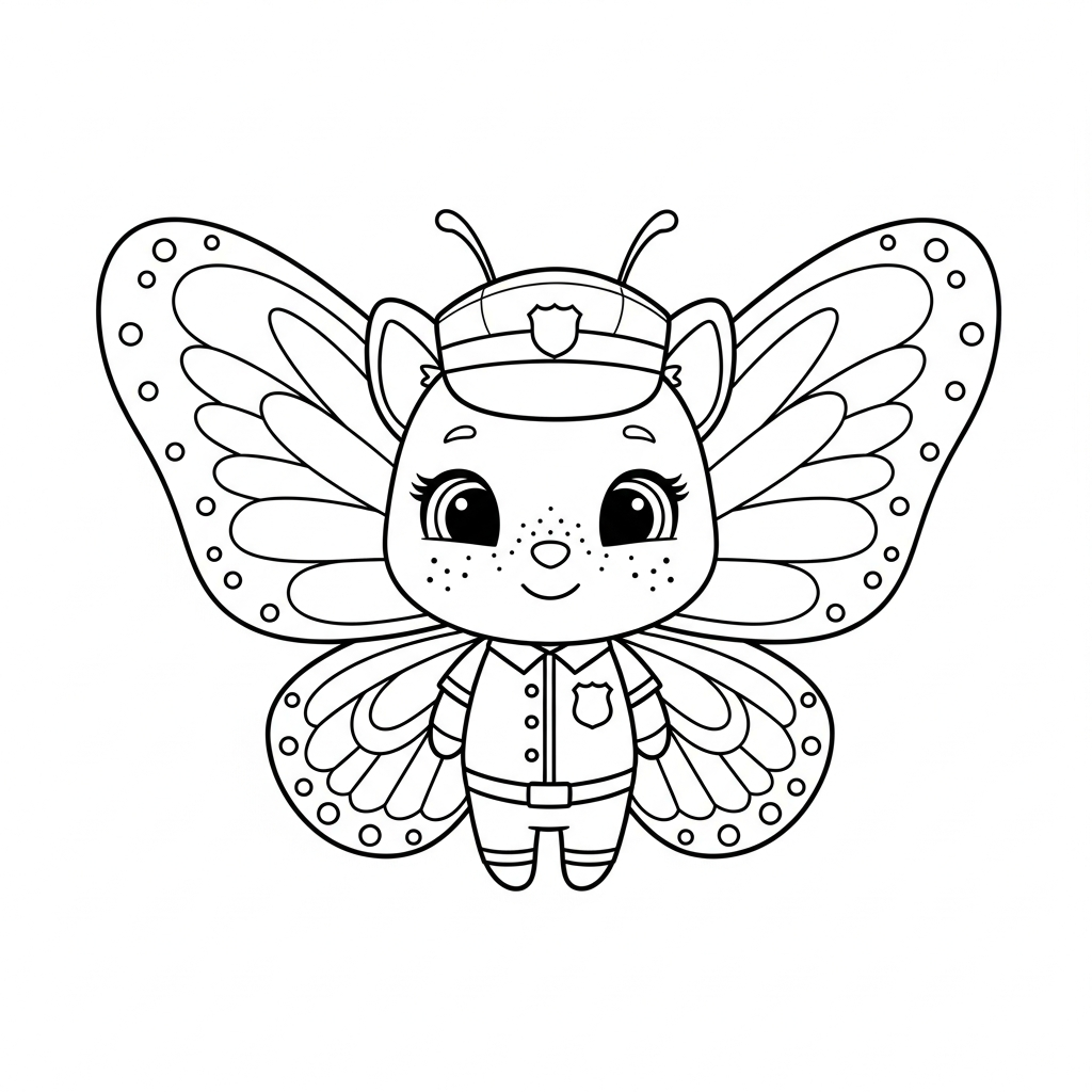 Desenho de borboleta para colorir vestida de policial com distintivo