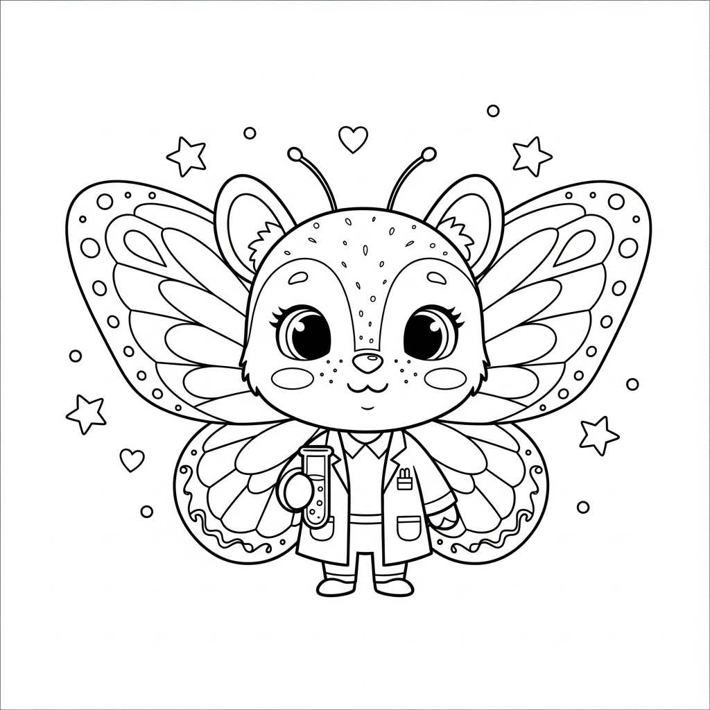 Desenho de borboleta para colorir vestida de cientista com tubo de ensaio.