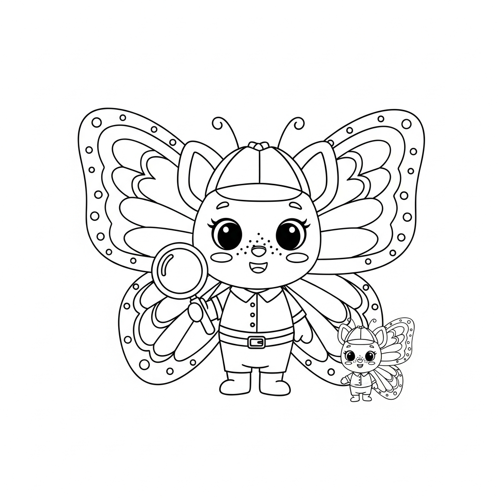 Desenho de borboleta para colorir vestida de detetive segurando uma lupa