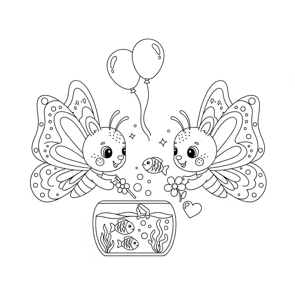 Desenho de borboleta para colorir alimentando peixinhos no aquário com potinho