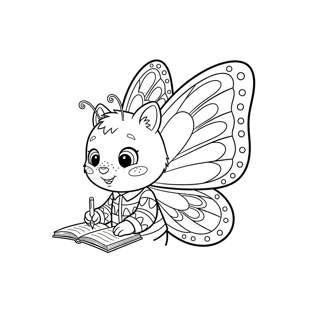 Desenho de borboleta para colorir escrevendo no caderno sobre a mesa