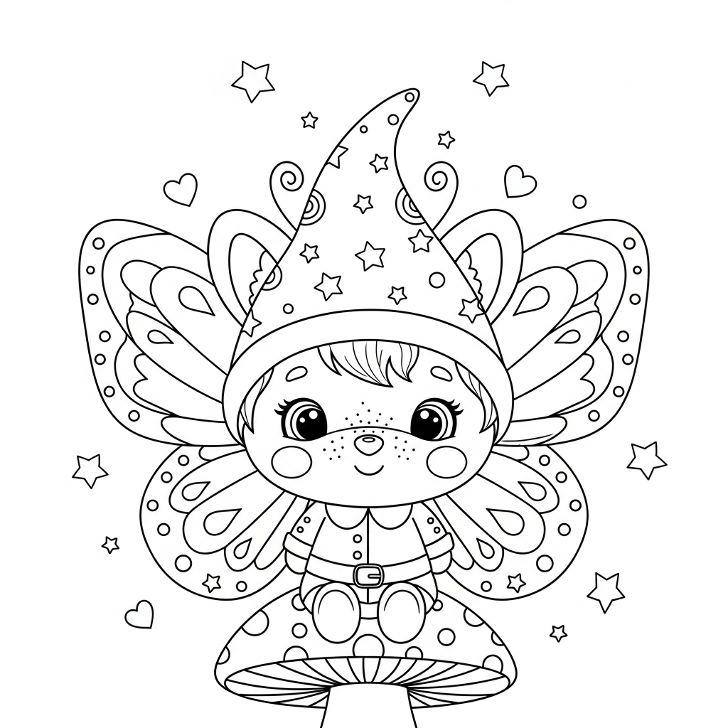 Desenho de borboleta para colorir vestida de duende sentada em cogumelo, com estrelinhas e corações