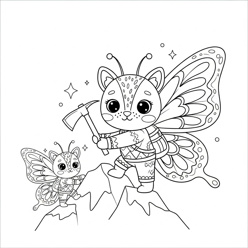 Desenho de borboleta para colorir escalando montanha com um piolet.