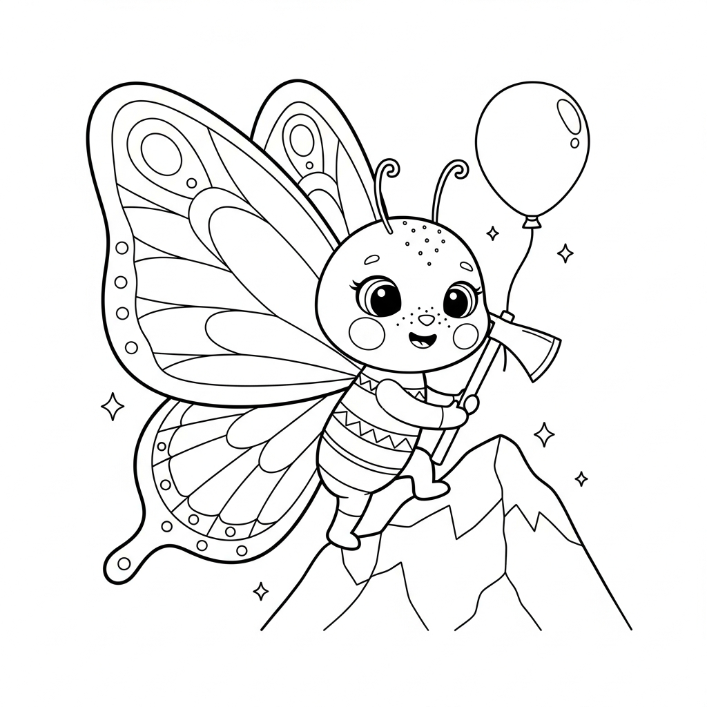 Desenho de borboleta para colorir escalando montanha com piolet e pequena pedra.