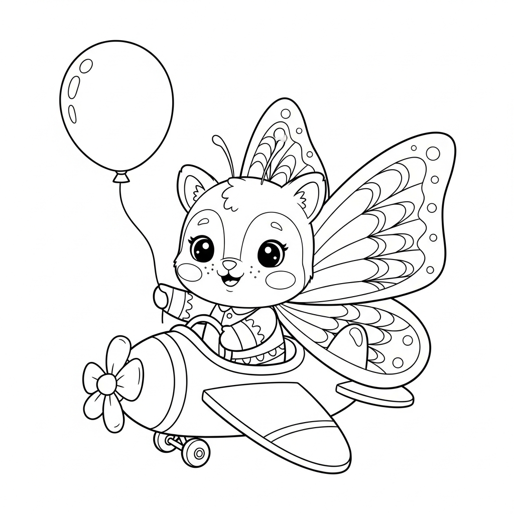Desenho de borboleta para colorir pilotando avião pequeno com uma nuvem.
