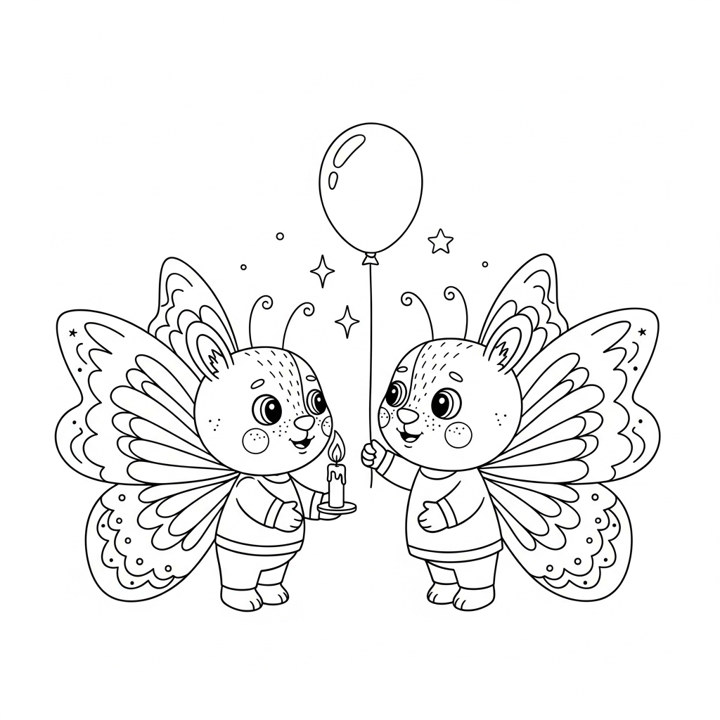 Desenho de borboleta para colorir segurando vela acesa ao lado de flor pequena.