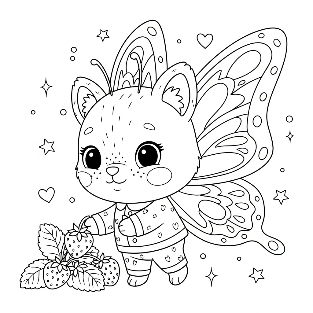 Desenho de borboleta para colorir colhendo morangos com estrelinhas e corações decorativos
