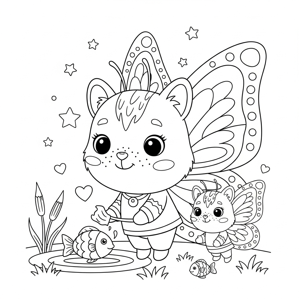 Desenho de borboleta para colorir alimentando peixinhos, com estrelinhas e corações decorativos