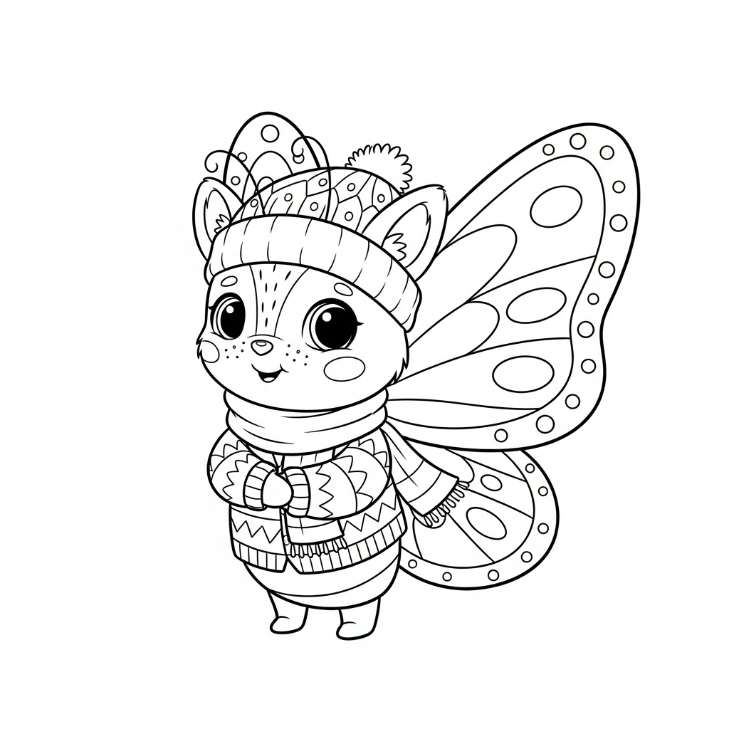 Desenho de borboleta para colorir agasalhada com cachecol e gorro.