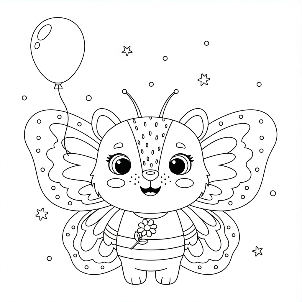 Desenho de borboleta para colorir como monstrinho fofo sorridente com flor pequena