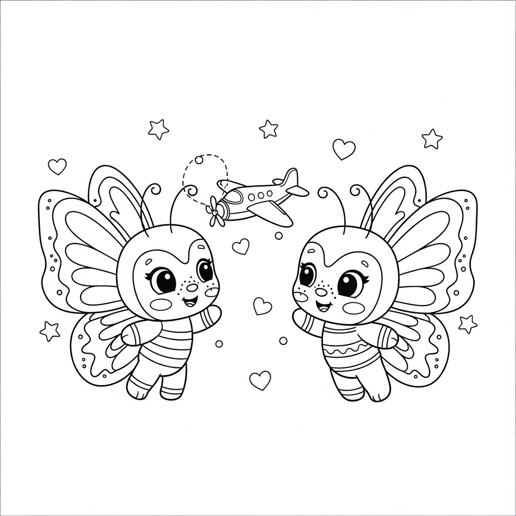 Desenho de borboleta para colorir brincando com aviãozinho, entre estrelinhas e corações.