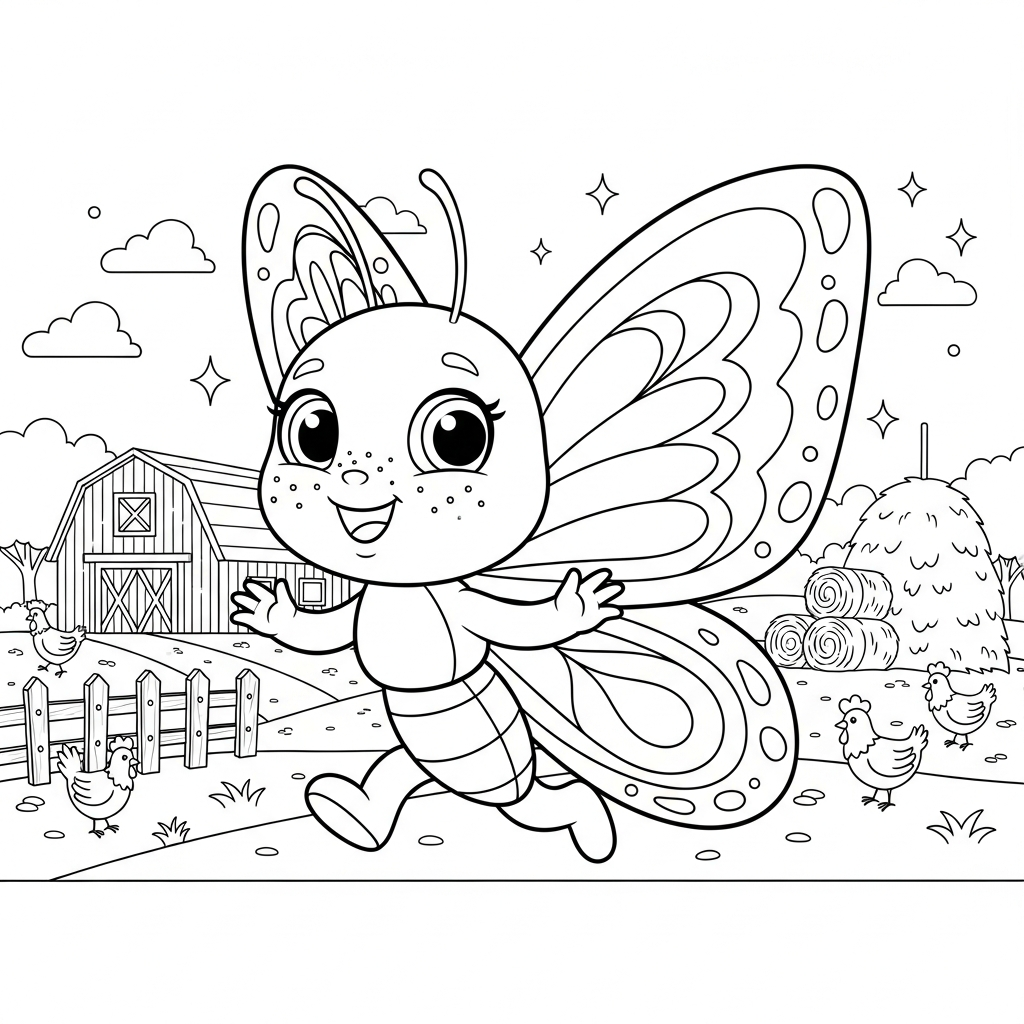 Desenho de borboleta para colorir correndo alegremente em fazenda com celeiro