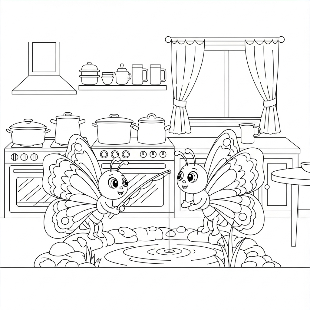 Desenho de borboleta para colorir pescando com vara na cozinha com forno e panelas.