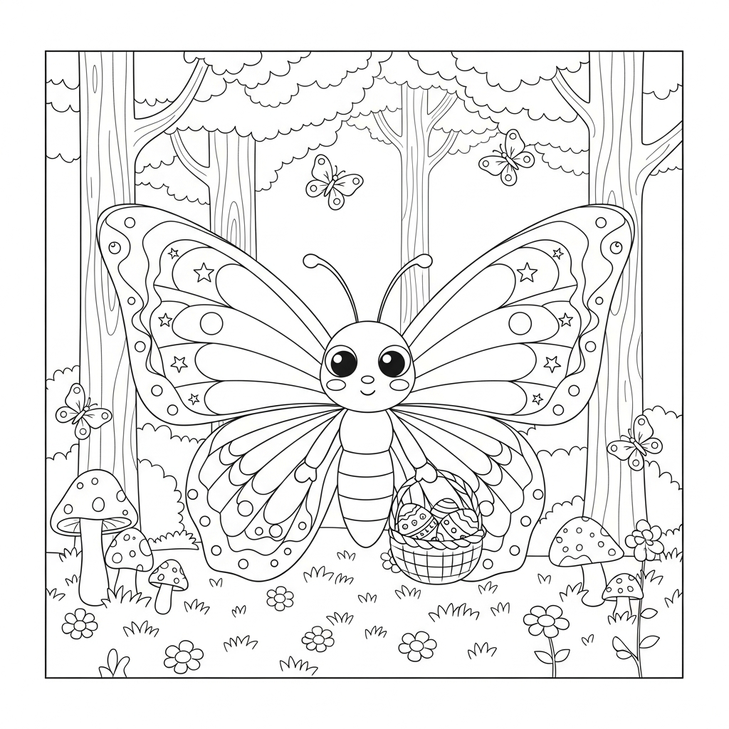 Desenho de borboleta para colorir segurando cesta de Páscoa na floresta com cogumelos