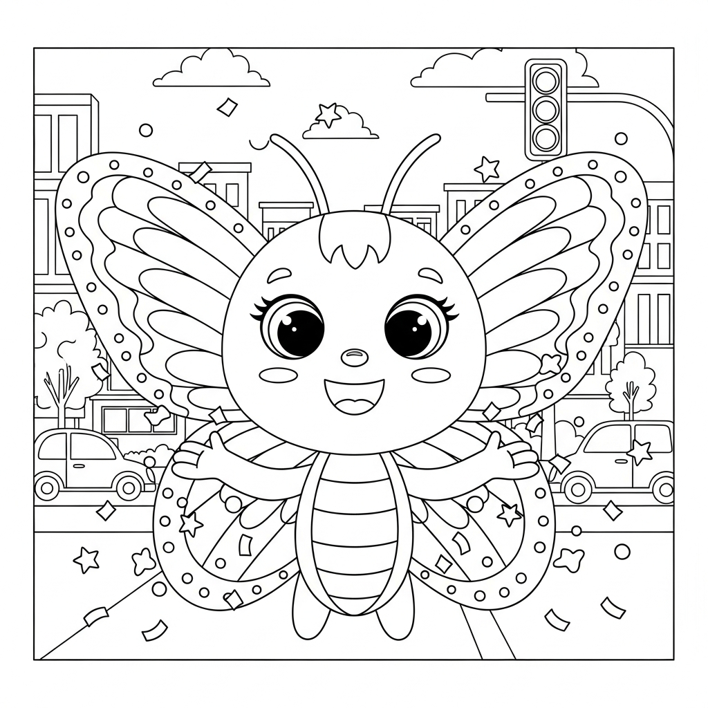 Desenho de borboleta para colorir alegre soltando confete na rua da cidade