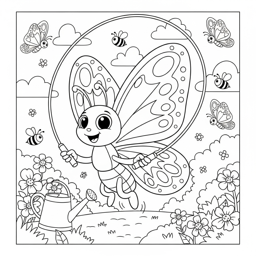 Desenho de borboleta para colorir pulando corda alegremente no jardim com flores e abelhas