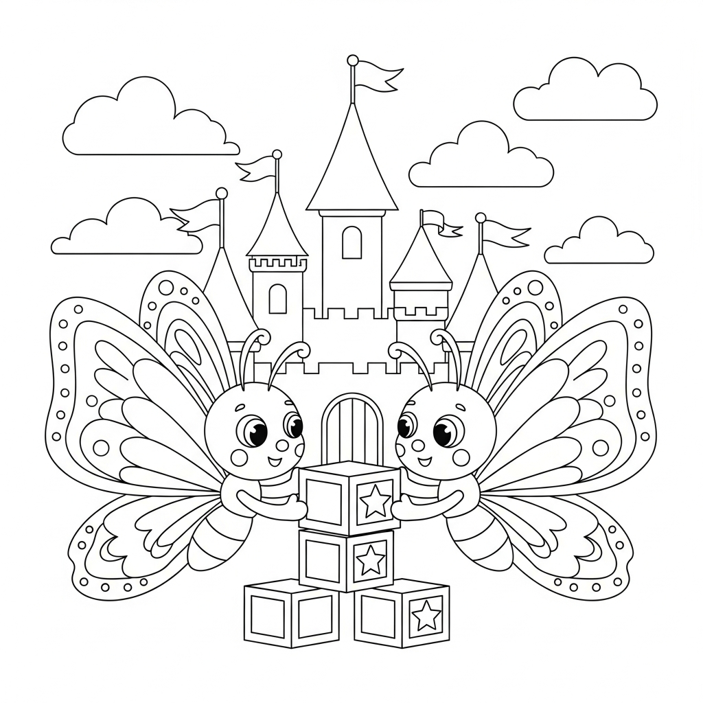 Desenho de borboleta para colorir brincando com blocos em castelo de conto de fadas