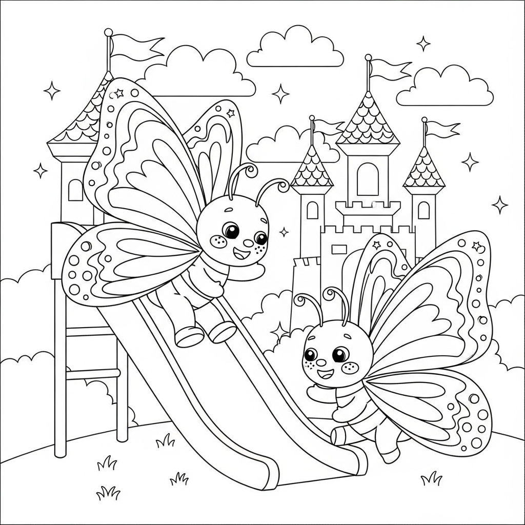 Desenho de borboleta para colorir escorregando em escorregador diante de castelo encantado